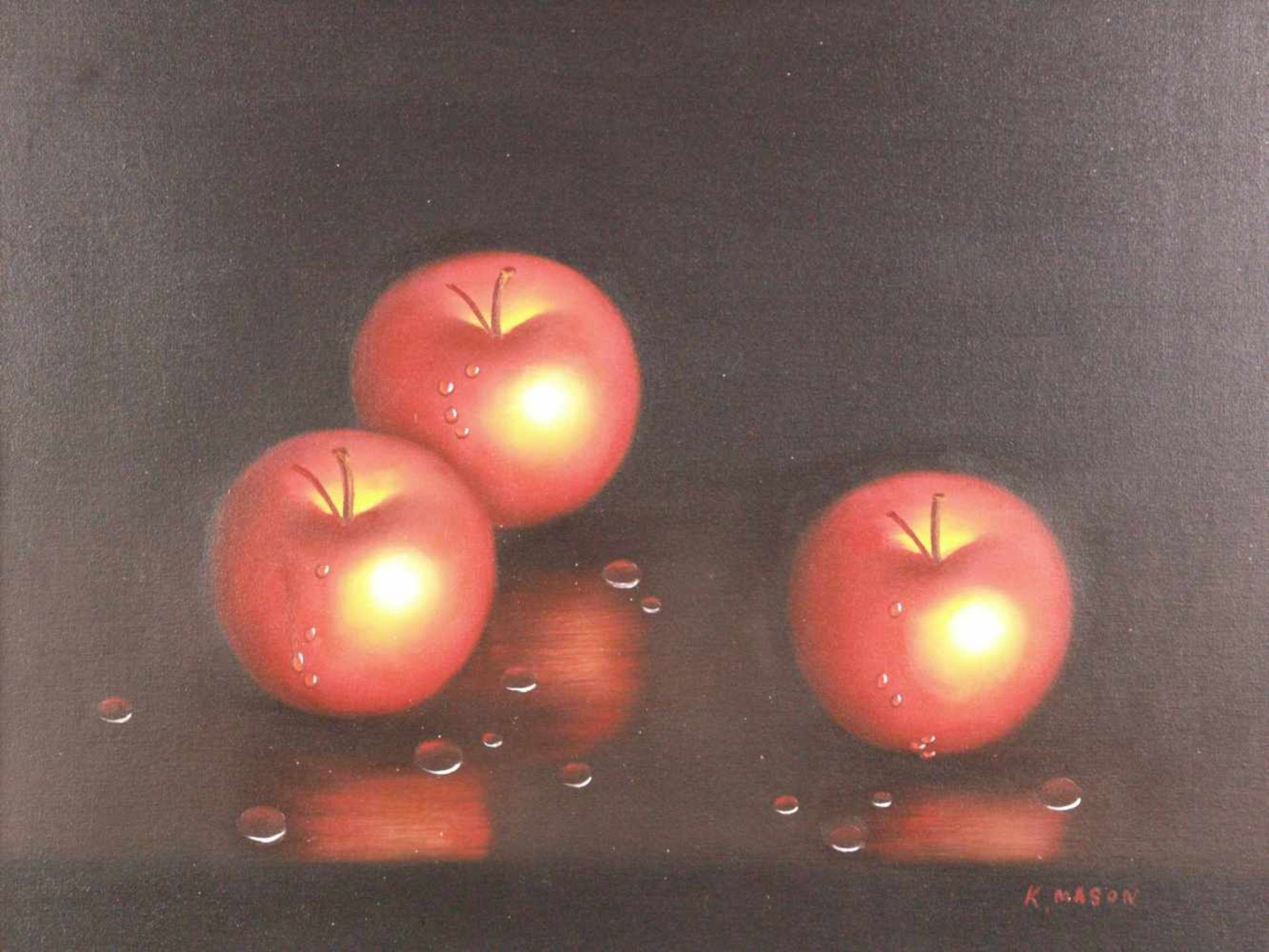 Mason, K. - Die Äpfel der Hesperiden/ Stillleben mit drei goldenen Äpfeln und Wassertropfen, Öl - Image 2 of 5
