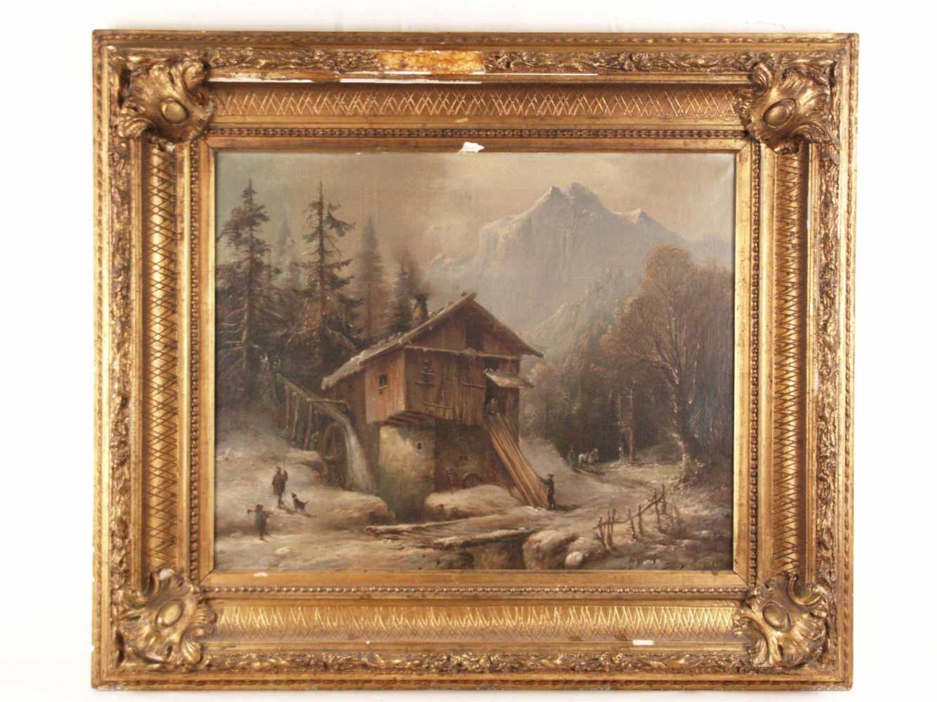 Monogrammist 19.Jh.- Schneebedeckte Gebirgslandschaft mit Holzmühle, Öl auf Leinwand,rechts unten