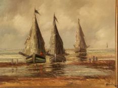 Unbekannt - Segelboote mit gehissten Segeln, Öl auf Leinwand, teils pastoser Farbauftrag, rechts