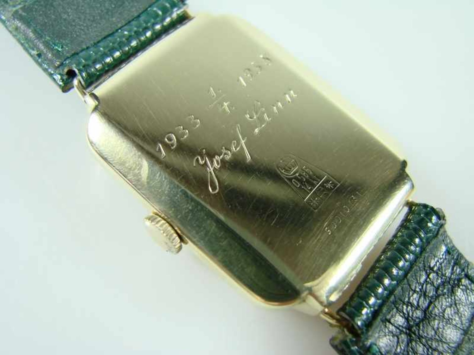 Herrenarmbanduhr - 585er Gold, rechteckiges Gehäuse mit hellem Zifferblatt, arabischen Zahlen und - Bild 5 aus 10