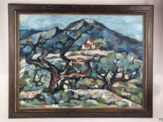 Fischer-Nagel, Irene (*1938 in Heidelberg)- "Baum und Felsen", Öl auf Papier oder Malkarton,unter