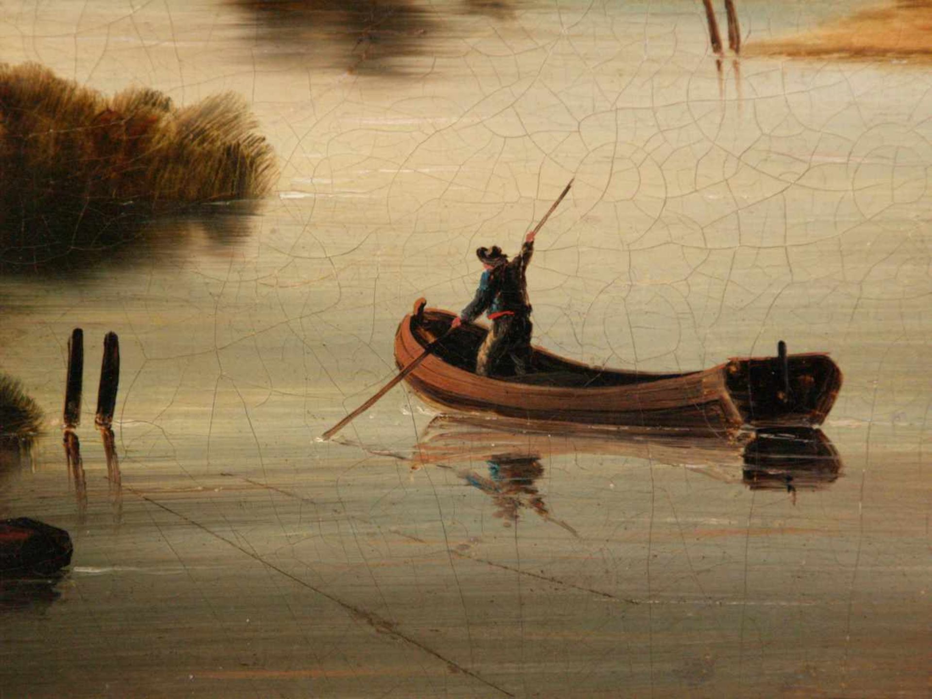 Unbekannter Landschaftsmaler -19.Jh.- Romantische Flusslandschaft mit Stakkahn und Fischerkate, - Bild 3 aus 12