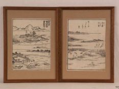 Paar monochrome Holzschnitte - Japan, 18.Jh., Landschaften mit Beschriftungen, sumizuri-e, teils