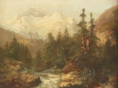 Unbekannt -um 1900- Alpenlandschaft mit Gebirgsbach im Vordergrund, Öl auf Malpappe auf Karton,