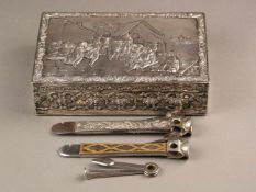 Zigarrenbox mit Raucherutensilien - 4-tlg.: 1x rechteckige Box, 800er Silber, getrieben, flacher