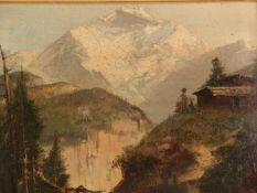 Unbekannt -um 1900- Alpenlandschaft mit steiler Schluchtansicht und Almhütte im rechten Vordergrund,