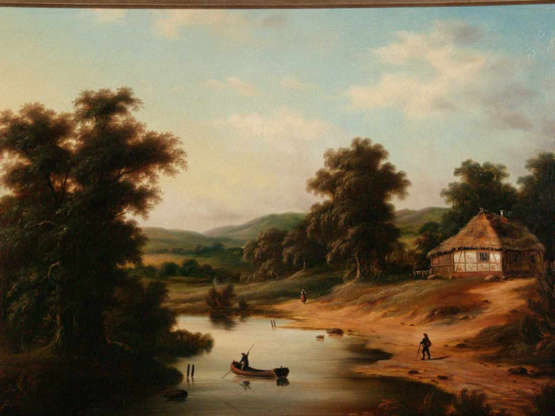 Unbekannter Landschaftsmaler -19.Jh.- Romantische Flusslandschaft mit Stakkahn und Fischerkate,