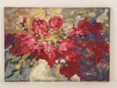 Erasmus, Nel (1928-2009, Süd Afrika) - "Pfingsrosen in weißer Vase", Öl auf Holz, unten rechts