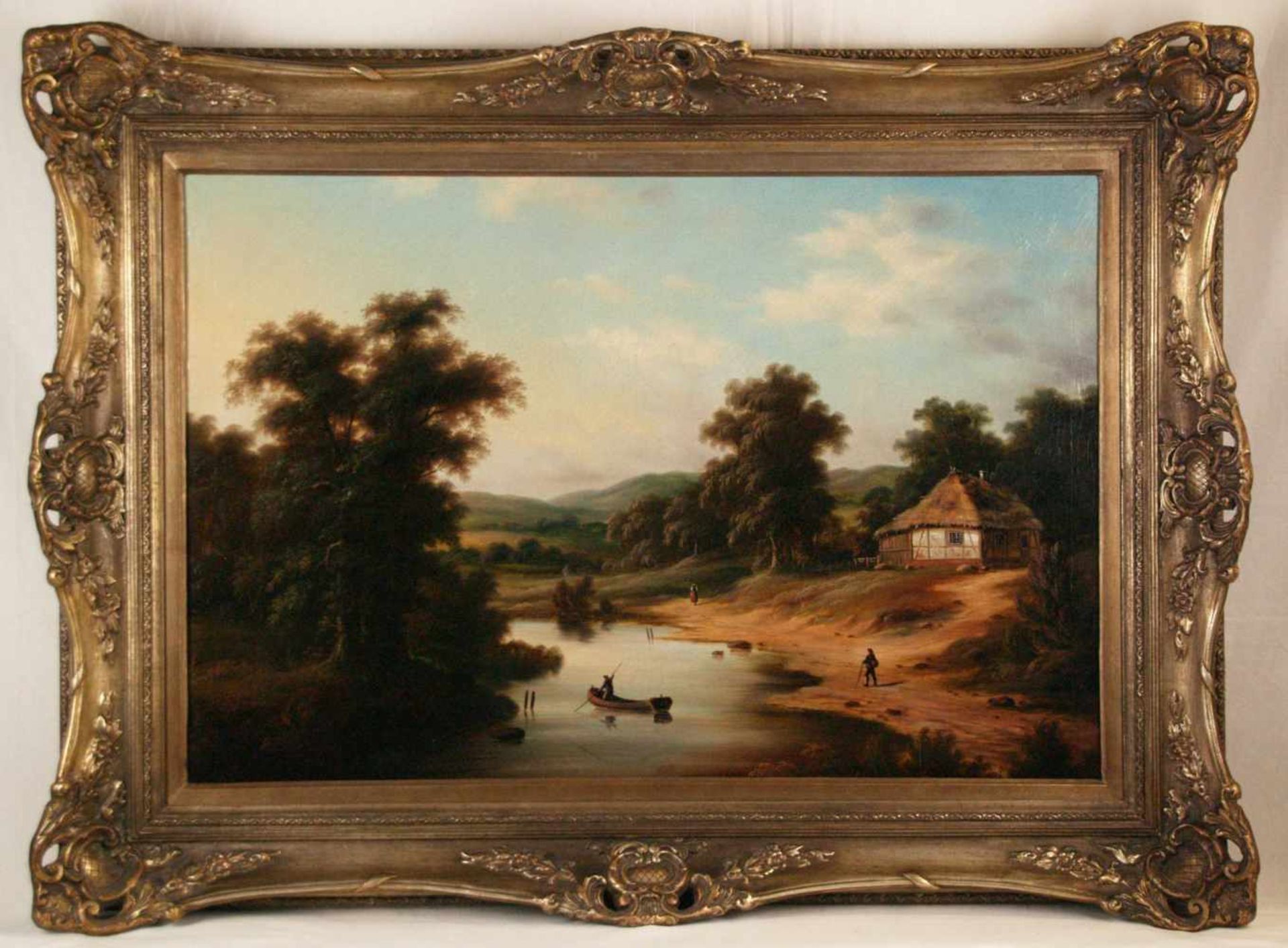 Unbekannter Landschaftsmaler -19.Jh.- Romantische Flusslandschaft mit Stakkahn und Fischerkate, - Bild 2 aus 12