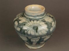 Schultertopf - Keramikscherben mit volkstümlichem gräulichem Kobaltdekor, Glasur mit Craquelé,
