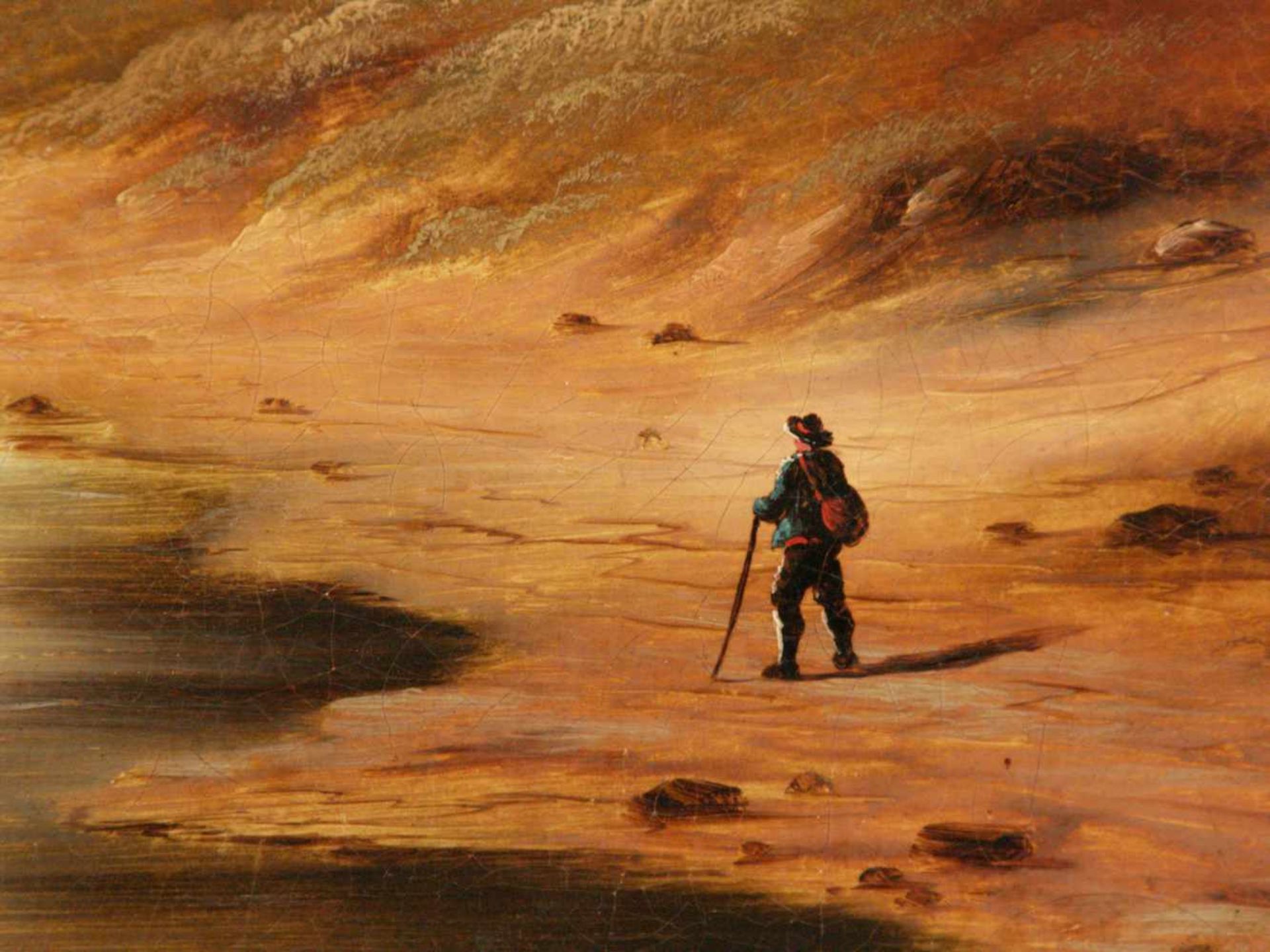Unbekannter Landschaftsmaler -19.Jh.- Romantische Flusslandschaft mit Stakkahn und Fischerkate, - Bild 5 aus 12