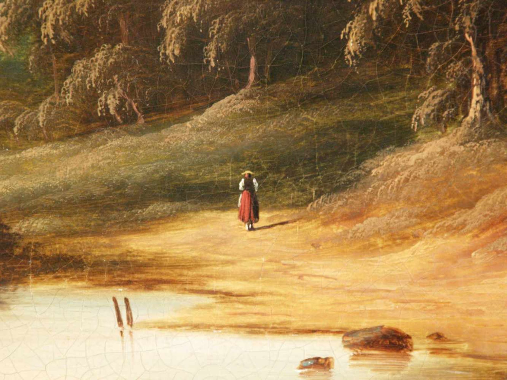 Unbekannter Landschaftsmaler -19.Jh.- Romantische Flusslandschaft mit Stakkahn und Fischerkate, - Bild 4 aus 12