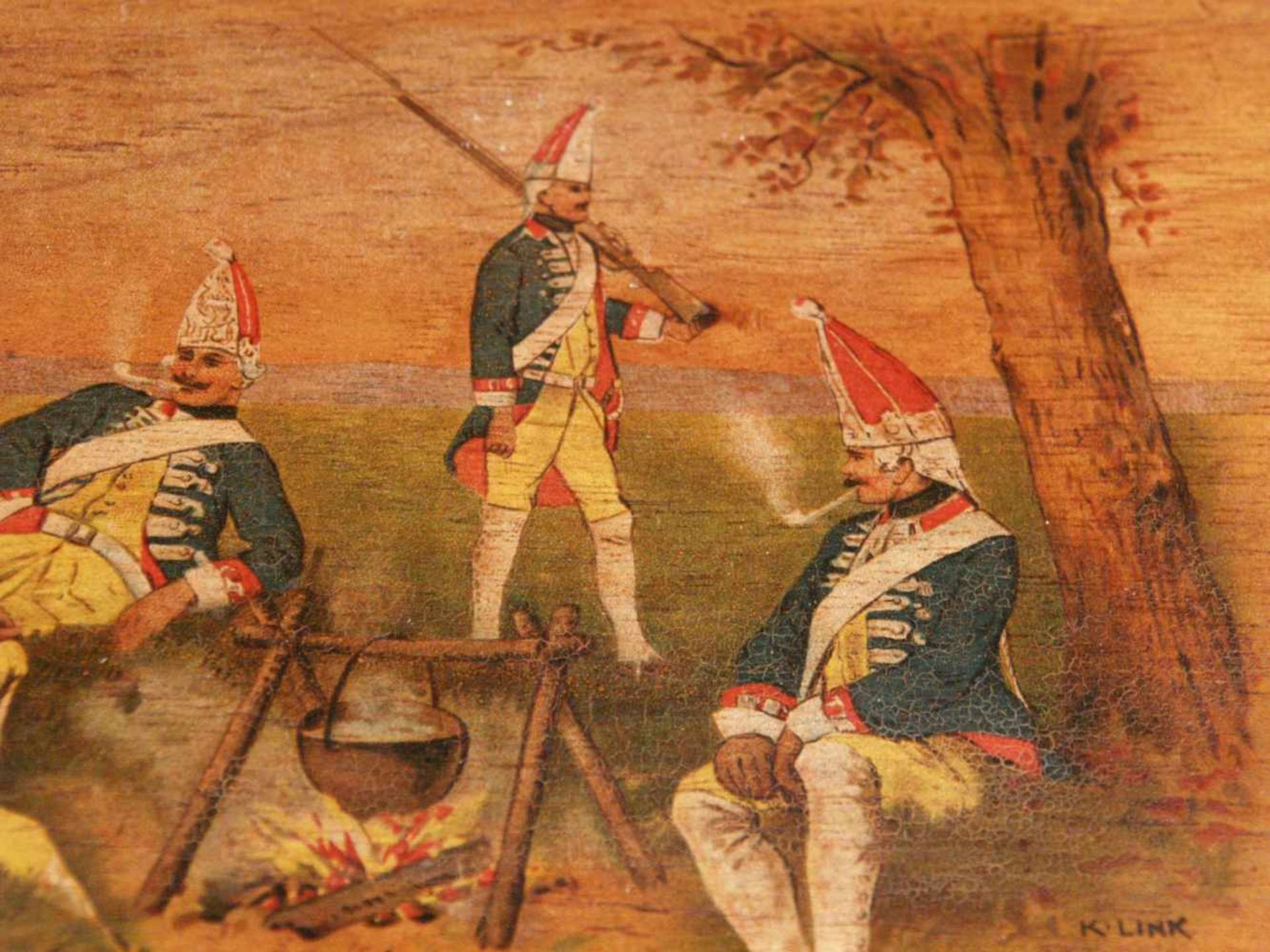 Zigarrendose - Holz, teilweise bemalt, Deckel bemalt mit rastenden Soldaten, unten links sign. "K. - Bild 3 aus 9
