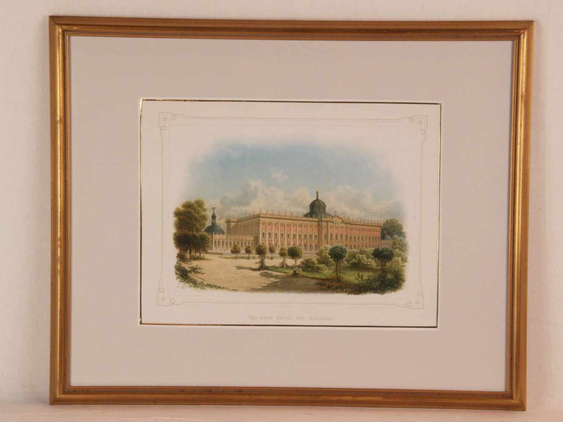 "Das Neue Palais bei Sanssouci" - kolorierte Lithographie nach einer Zeichnung von H. Kraemer, im