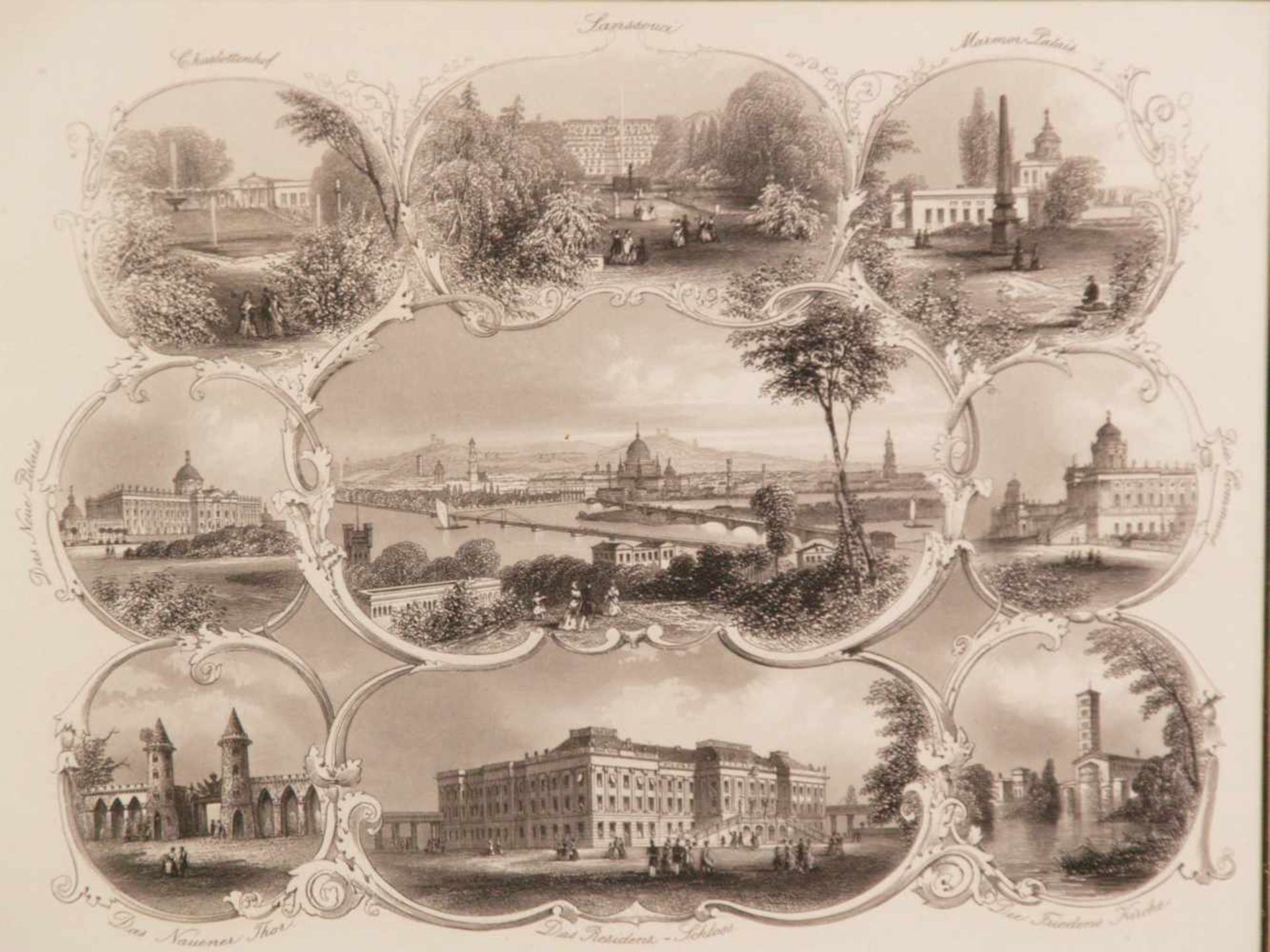 "Potsdam" - Stahlstich-Souvenirblatt, Panoramaansicht umgeben von 8 Detailansichten: Schloss