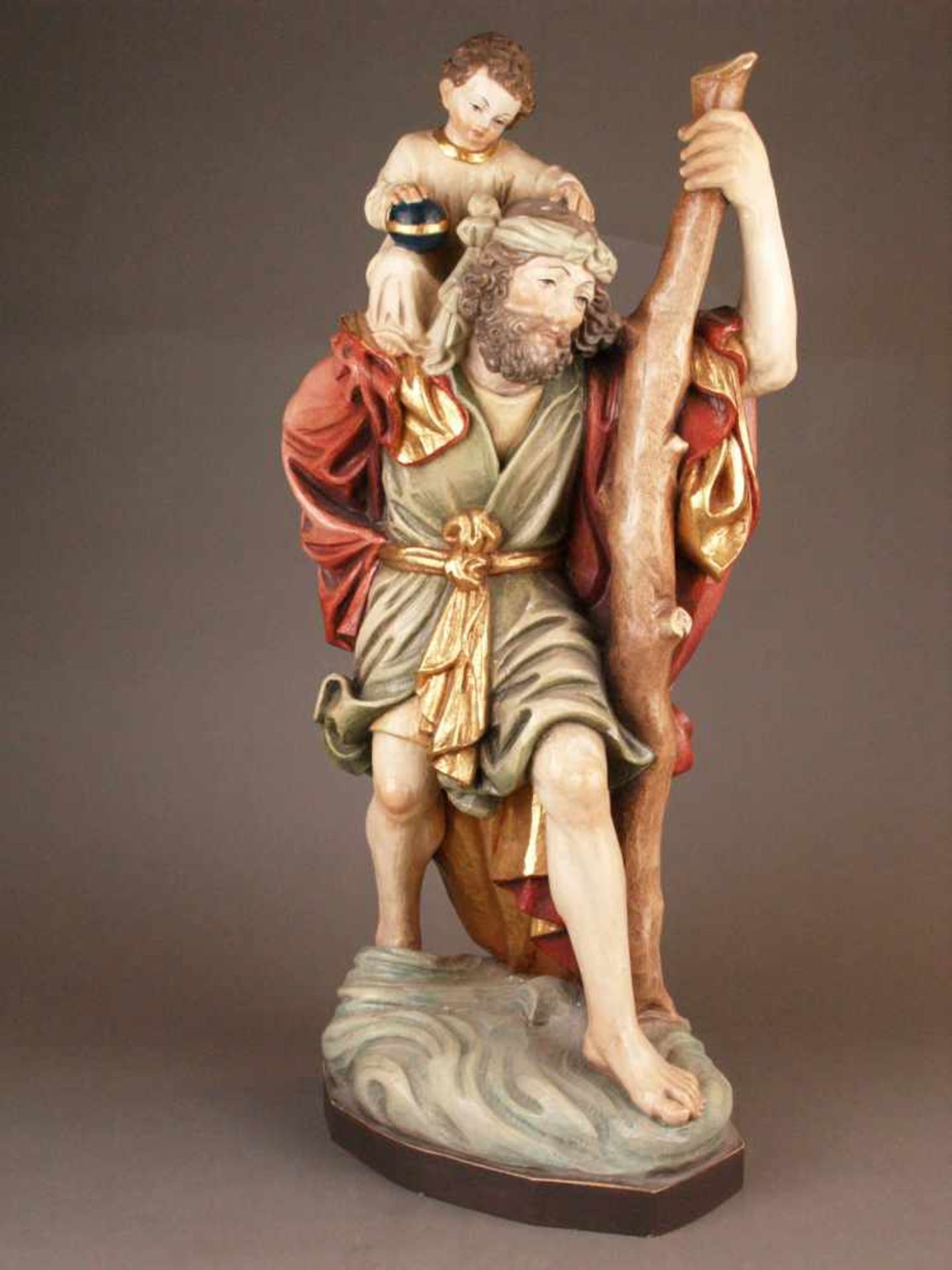 Holzfigur "Hl.Christophorus mit dem Jesuskind" - 20. Jh., wohl Oberammergauer Holzschnitzerei, Hl.