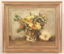 Händler, Rolf (geb.1938 Halle/Saale, lebt in Berlin) - Stillleben mit Blumen und Apfel, Öl auf