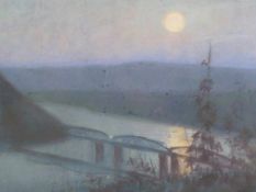 Lange-Dedekam, Fritz(1851-Düsseldorf-1922) - "Blick auf eine Eisenbahnbrücke in der Abenddämmerung",