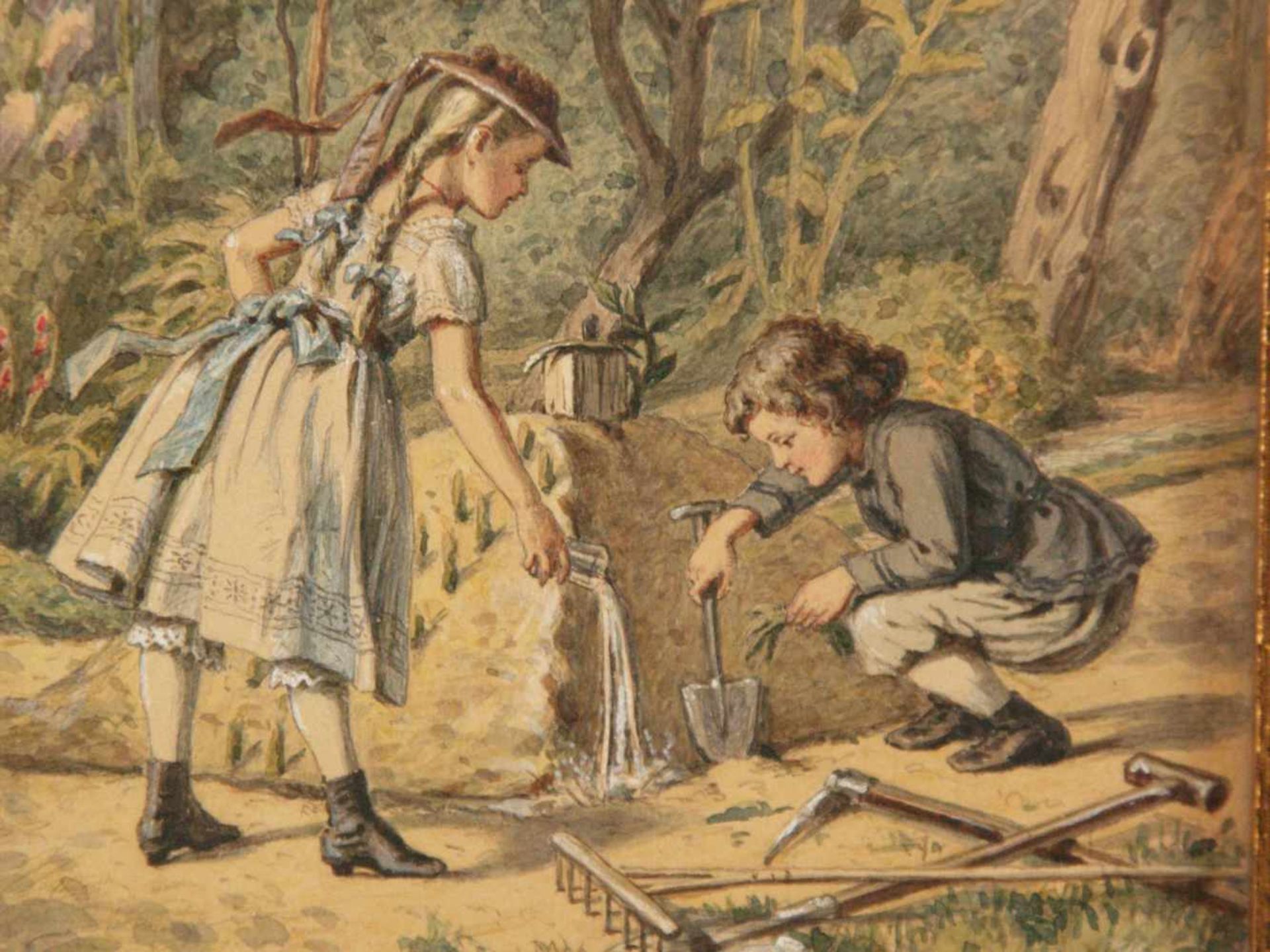 Bürkner, Hugo (1818 Dessau - 1897 Dresden) - "Spielende Kinder im blühenden Garten", Aquarell, links - Bild 3 aus 5