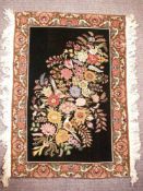 Orientteppich - Wolle, Blumenmotiv mit Vögeln auf schwarzem Grund, Abrasch, mehrfache Bordüre,
