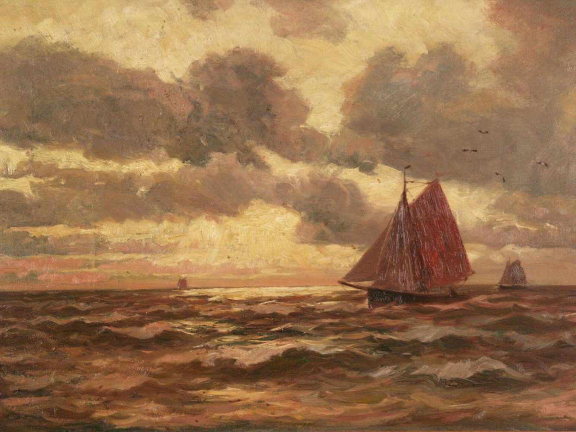 Holzapfel,Carl (1865-1926,Berliner Landschaftsmaler) - Fischerboote im Abendlicht, Öl auf Leinwand, - Bild 2 aus 5