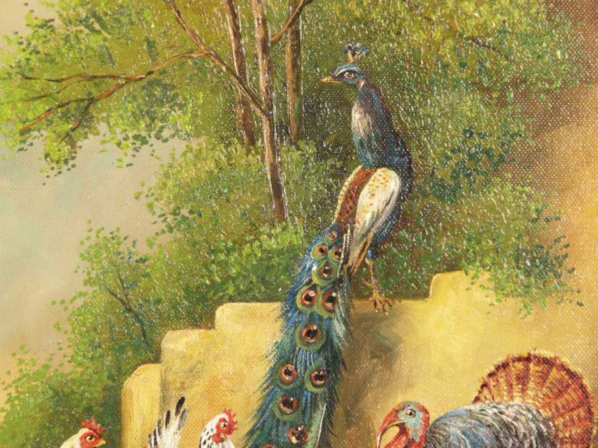 Kaudetzky, Bogdan (1898-1964, Münchner Maler) - Hühnerhof mit Truthahn, Pfau, Hahn und Hennen mit - Bild 7 aus 9