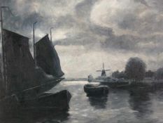 Holländischer Maler -20.Jh.- Fischerhafen mit ankernden Booten und Windmühle im rechten Hintergrund,