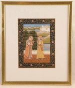 Miniaturmalerei im Moghul-Stil - Indien, "Krishna trifft Radha im Garten", feine polychrome