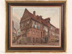 Sandock, W. (20.Jh.) - Stadtszene mit altem Fachwerkhaus, 1925, Öl auf Leinwand, unten rechts
