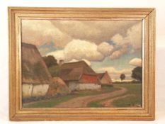 Landschaftsmaler - "Feldweg mit drei Häusern", Öl auf Leinwand, unten rechts undeutlich signiert,