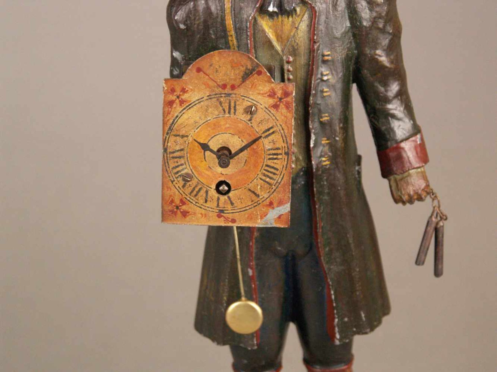 Figurenuhr "Uhrenhändler" - Schwarzwald, Metall, polychrom gefasst, um 1900, Uhrenverkäufer mit - Bild 5 aus 7
