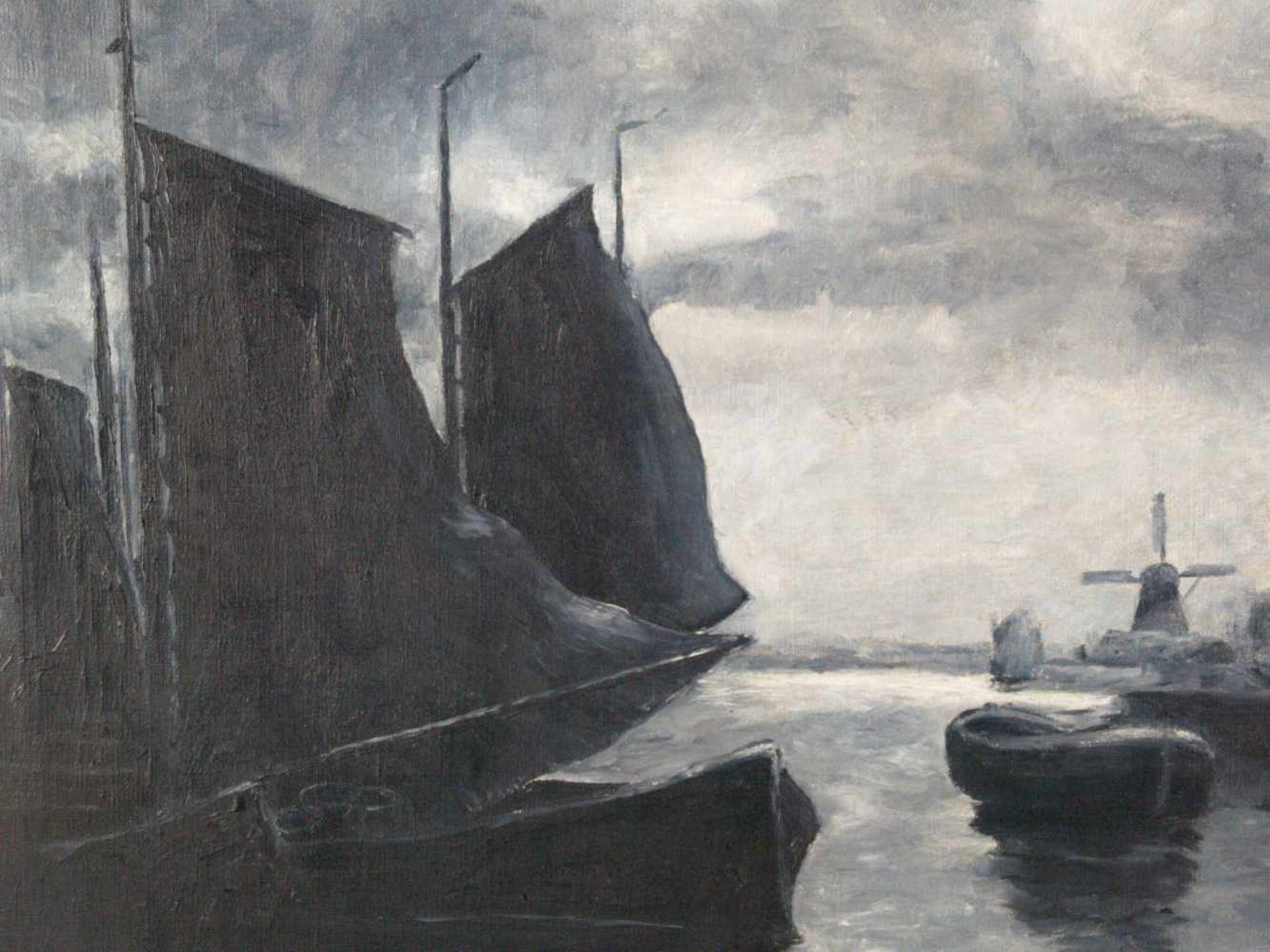 Holländischer Maler -20.Jh.- Fischerhafen mit ankernden Booten und Windmühle im rechten Hintergrund, - Bild 5 aus 6