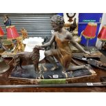 ART DECO SPELTER FIGURINE & DOG SIGNED ON MARBLE BASE