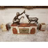 MARBLE ART DECO CLOCK SET WITH BRONZE FIGURES TO TOP