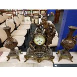 ANTIQUE SPELTER & MARBLE CLOCK SET