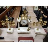 ANTIQUE WHITE MARBLE & BRASS CLOCK SET