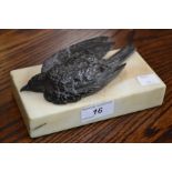 A French 19th century bronze desk weight of a bird, marble base