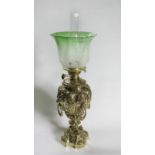 HEAVILY DECORATED BRASS BASED OIL LAMP WITH LIONS HEAD HANDLES & STUNNING ANTIQUE GREEN SHADE