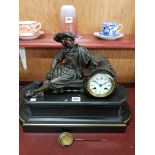 ANTIQUE VICTORIAN SPELTER FIGURE CLOCK ON SLATE BASE