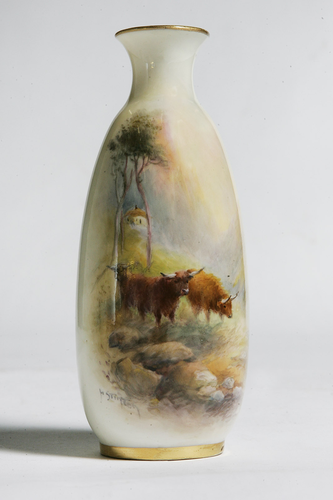 ROYAL WORCESTER VASE WITH CATTLE SIGNED H. STINTON C1910