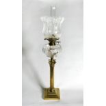 VICTORIAN OIL LAMP WITH BRASS CORINTHIAN PILLAR & FROSTED GLAZED SHADE