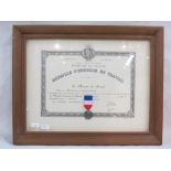 FRAMED FRENCH MEDAL WITH CERTIFICATE