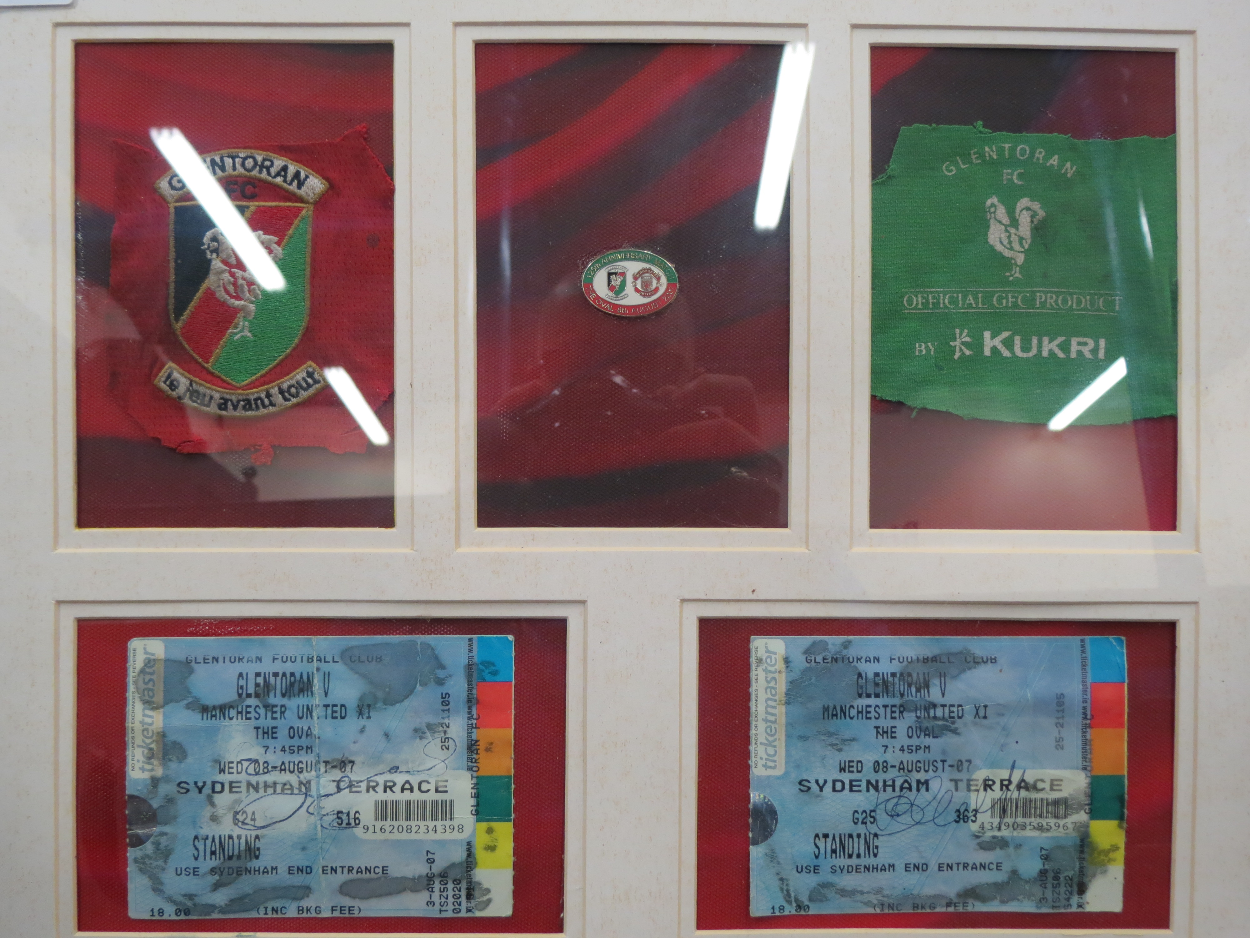 FRAMED GLENTORAN EPHEMERA FROM PAUL LEEMAN & SIGNATURES ON TICKETS FROM RYAN GIGGS & JONNY EVANS