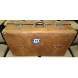 ANTIQUE CHINESE BROWN LEATHER TRUNK WITH CUNARD LINE LABEL