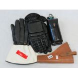 POLICE RIOT GLOVES/WATER BOTTLE WITH HOLDER BROWN HOLSTER (CPL J. GALLAGHER) & PAIR OF POLICE GLOVES