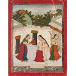 Lady dressing in Palace courtyard with two maids in attendance