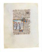 King David and other sinners kneeling in prayer, tiny miniature on a leaf from a Book of Hours