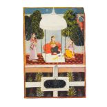 A princess seated in walled pleasure garden with ladies in waiting, Indian miniature on card