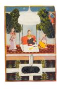 A princess seated in walled pleasure garden with ladies in waiting, Indian miniature on card