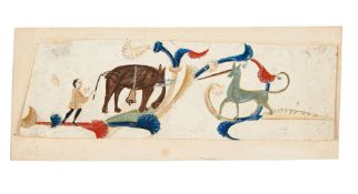 An elephant and a unicorn fighting, on a cutting from an illustrated medieval manuscript